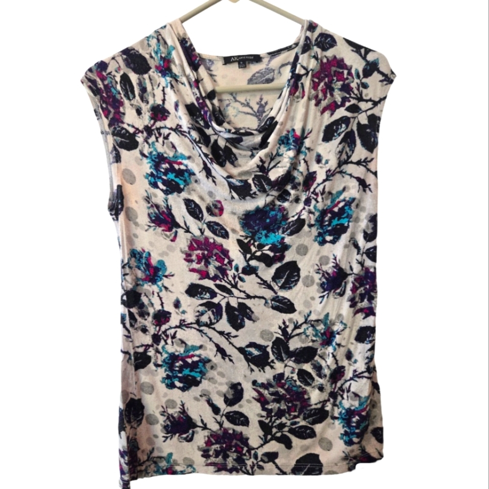 Anne Klein sleeveless drape-front top, size S, floral print over gray
